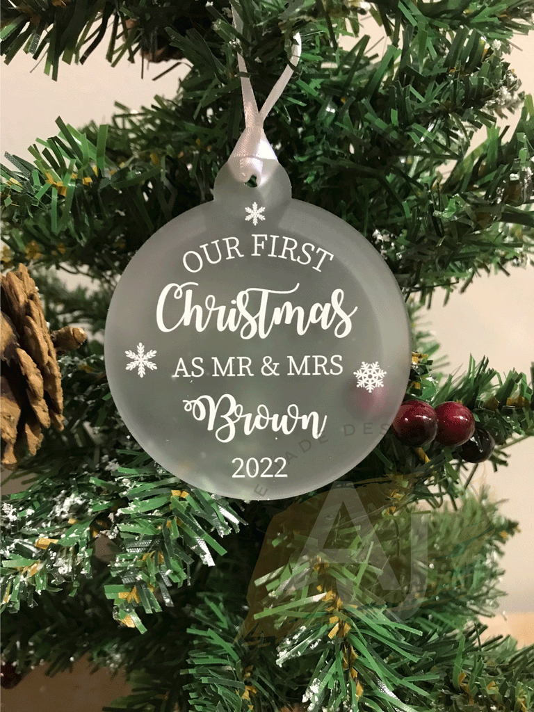 Personalised Mr & Mrs, Mr Mr, Mrs Mrs First Christmas Married Tree Frosted Bauble Decoration Wedding Gift